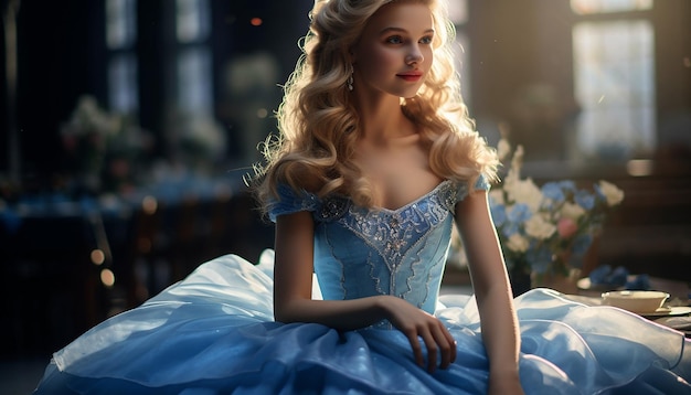 Een meisje als prinses Blond haar In een blauwe prinsessenjurk