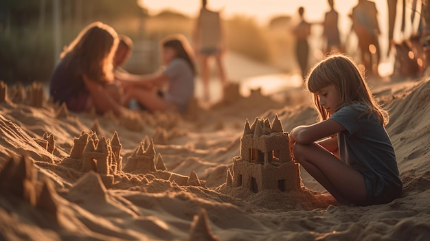 Een meisje bouwt een zandkasteel op een strand