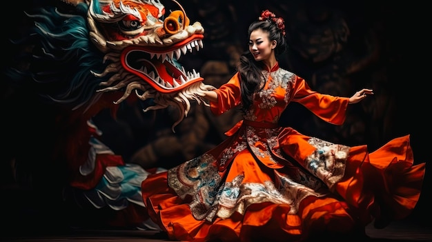 Een meisje dat danst met groene draak carnavalstijd tijdens de viering van het Chinese Nieuwjaar in het theater