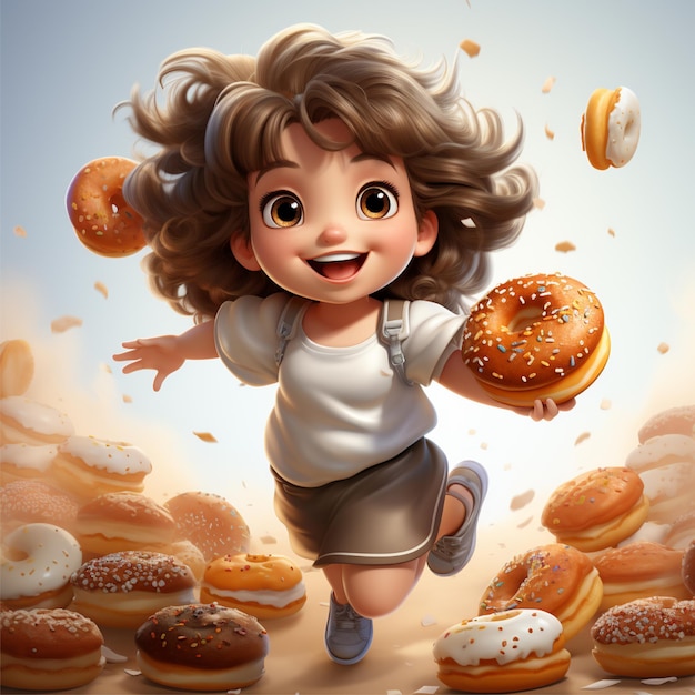 Foto een meisje dat donuts achtervolgt illustratie cartoon