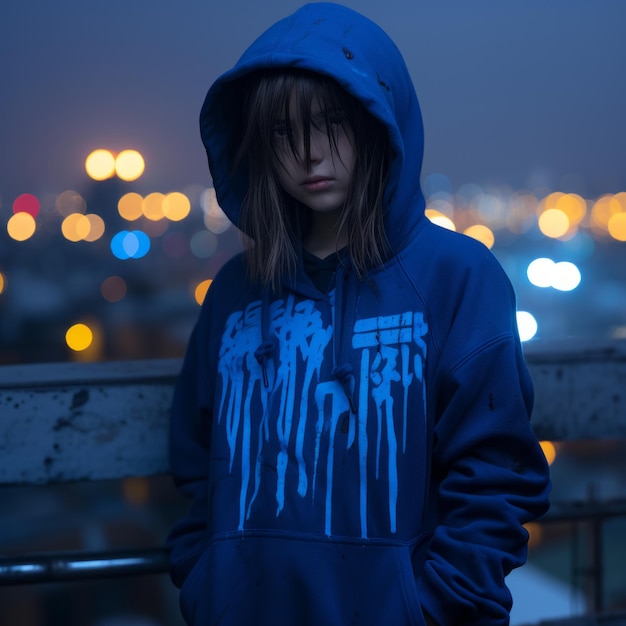 een meisje dat een blauwe hoodie draagt