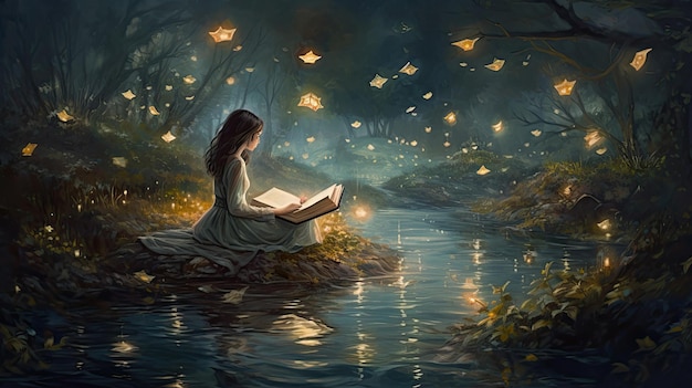 een meisje dat een boek bij de rivier leest