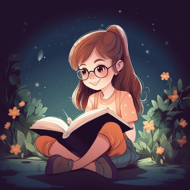 Een meisje dat een boek leest, gegenereerd door AI.
