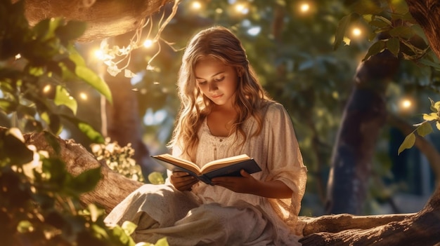 Een meisje dat een boek leest in een boom