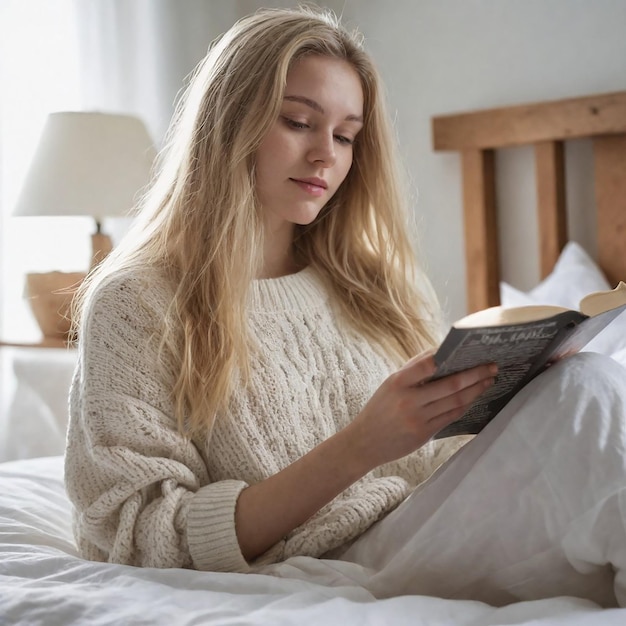 een meisje dat een boek leest op een bed met een witte deken