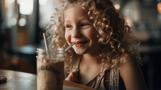 Een meisje dat een kopje koffie drinkt met het woord koffie ernaast.