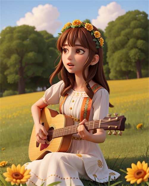 een meisje dat gitaar speelt in een veld met bloemen.