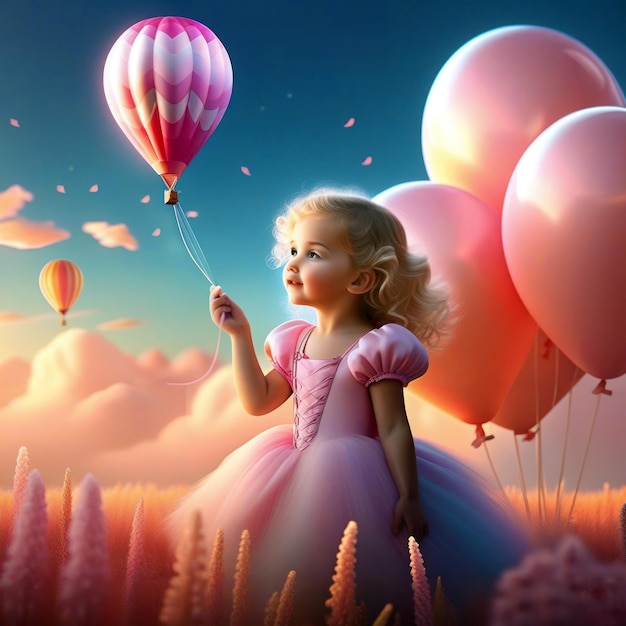 Een meisje dat in een veld staat met flamingo's en ballonnen bij zonsondergang