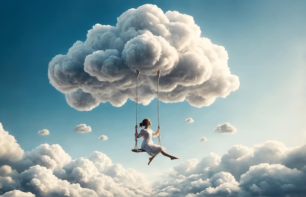 een meisje dat op een schommel rijdt gebonden aan een wolk