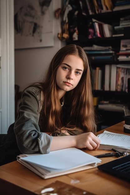 Een meisje dat thuis zit met schoolwerk en een laptop gemaakt met generatieve AI