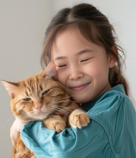 Een meisje die een oranje kat knuffelt.