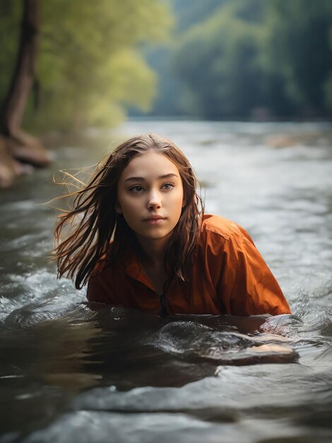 Een meisje drijft in de rivier.