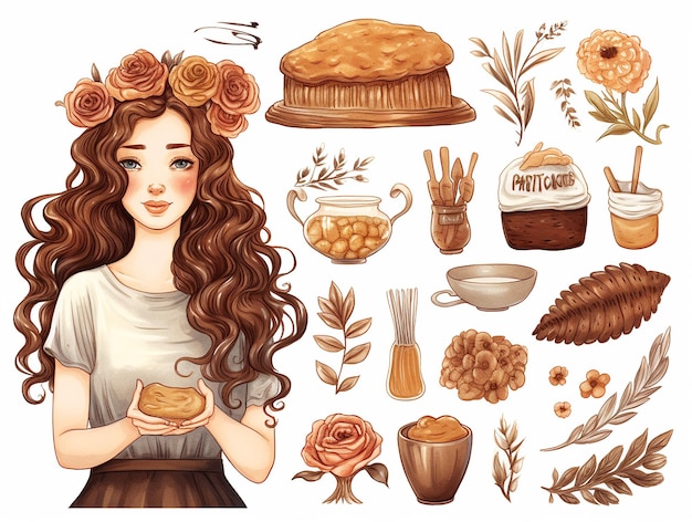 Een meisje en baking ingrediënten aquarel stijl elementen meel en suiker in schalen olie en zout geïsoleerd brood en cupcakes voedsel illustratie