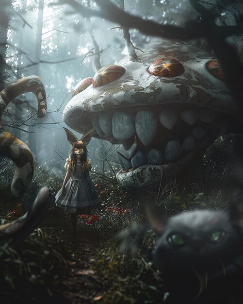 Een meisje en een draak zijn in het bos met een draak op de achtergrond.