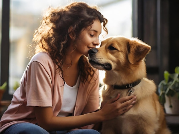 Foto een meisje en een hond kijken naar elkaar en de hond kijkt naar de camera