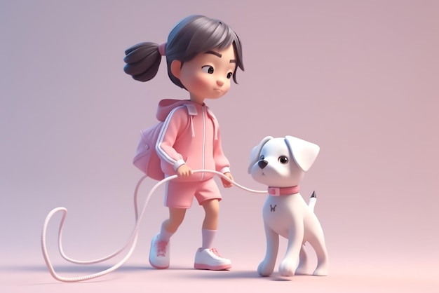 Een meisje en een hond op een roze achtergrond