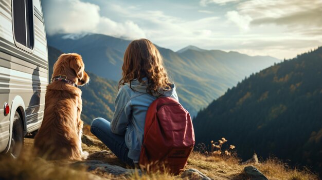 Foto een meisje en een hond zitten in een auto op een berg.