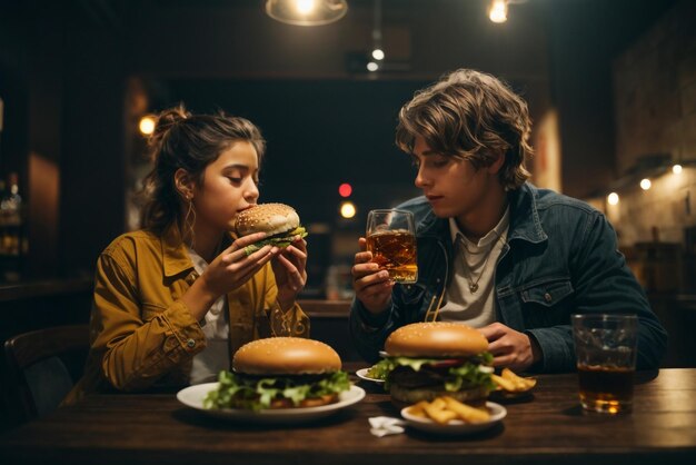 Een meisje en een jongen eten een heerlijke burger vergezeld van een glas whisky op de rotsen