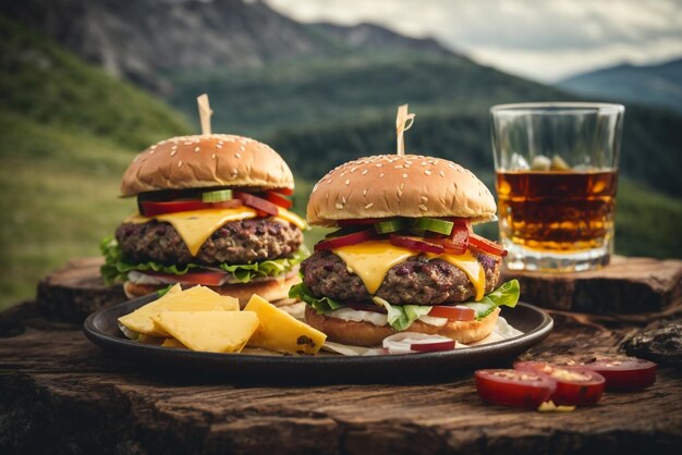 Een meisje en een jongen eten een heerlijke burger vergezeld van een glas whisky op de rotsen