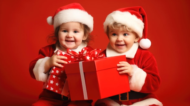 een meisje en een jongen in kerstmankostuums met cadeautjes in hun handen op een effen rode achtergrond Nieuwjaar en Kerstmis