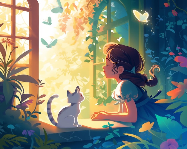 Een meisje en een kat kijken uit een raam.