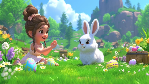 Een meisje en een konijn in een veld van bloemen