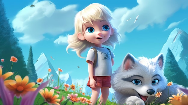Een meisje en een wolf staan in een veld.