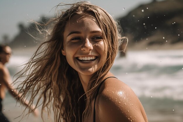 Foto een meisje geniet van een dag op het strand en legt hun oprechte lach en geluk vast