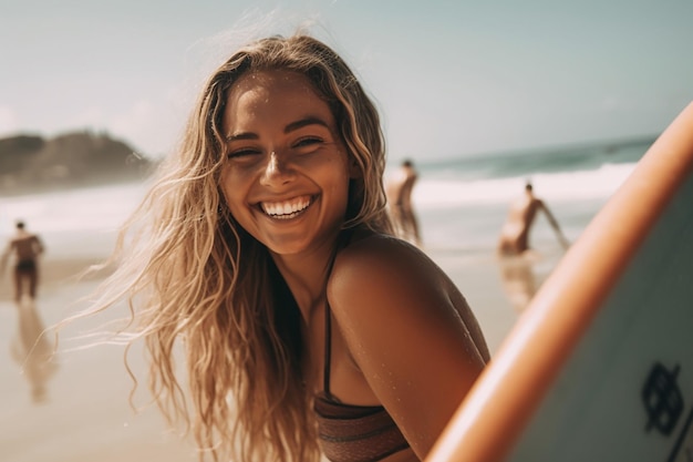 Foto een meisje geniet van een dag op het strand en legt hun oprechte lach en geluk vast