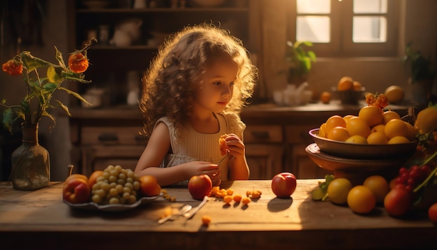 Een meisje geniet van fruit in een donkere kamer