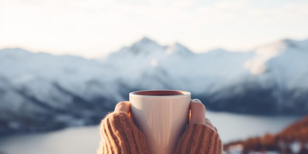 Een meisje houdt een kop warme drank koffie thee tegen de achtergrond van winterbergen in het kamp Generatieve AI