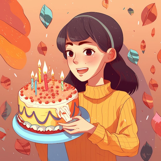 Een meisje houdt een taart vast terwijl ze een verjaardagscartoon viert met generatieve ai