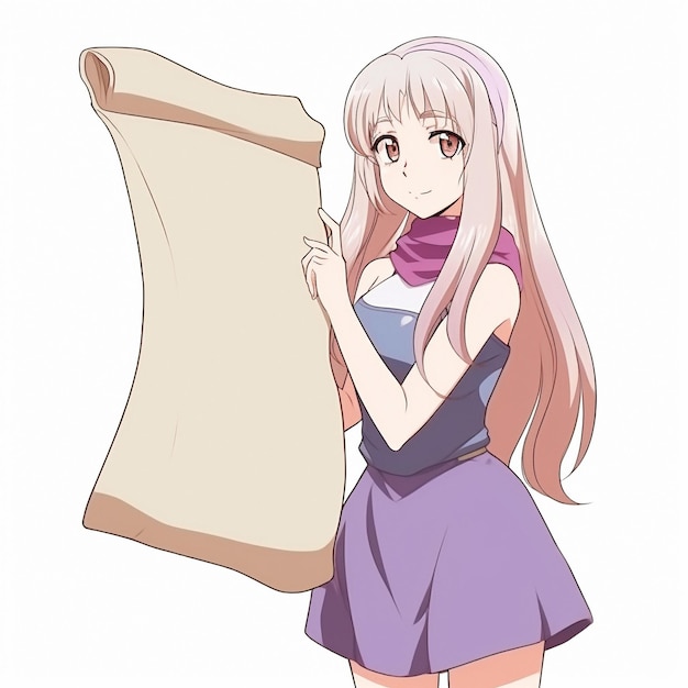 Een meisje in animestijl staat tegen een groot blanco vel papier
