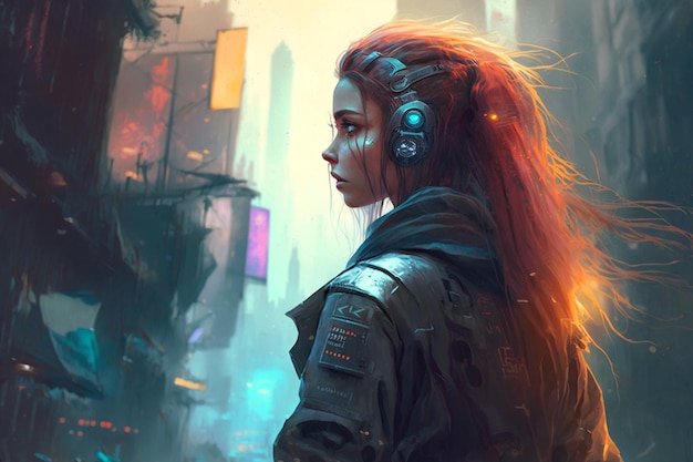 Een meisje in cyberpunk-outfit staat voor een stadsgezicht.