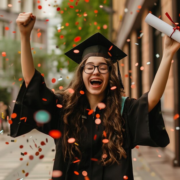 Een meisje in een afstudeertop viert met confetti.