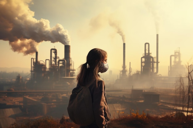 Een meisje in een beschermend masker tegen de achtergrond van een milieucatastrophe milieuproblemen rook uit schoorstenen