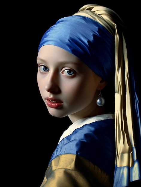 een meisje in een blauwe en gouden jurk met een gouden kwastje op haar hoofd.