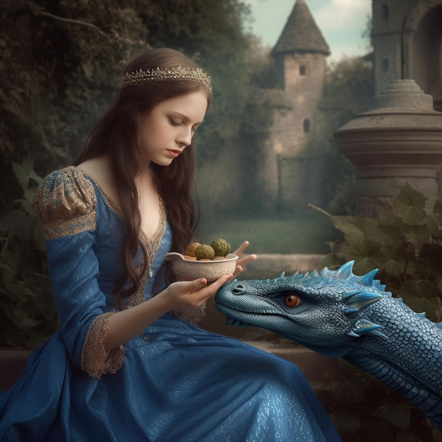 Een meisje in een blauwe jurk voert een draak met een kasteel op de achtergrond