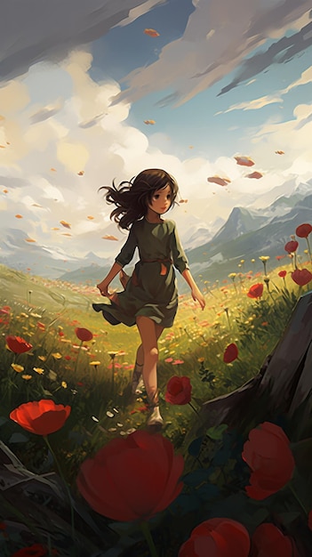Een meisje in een bloemenveld