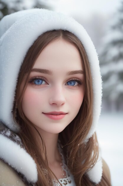 Een meisje in een bontjas met blauwe ogen staat in de sneeuw.