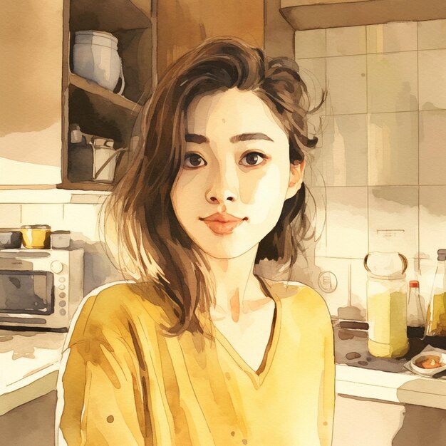 Een meisje in een geel overhemd zit in een keuken.