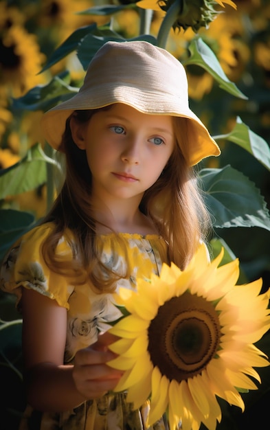 Een meisje in een gele jurk houdt een zonnebloem in haar handen
