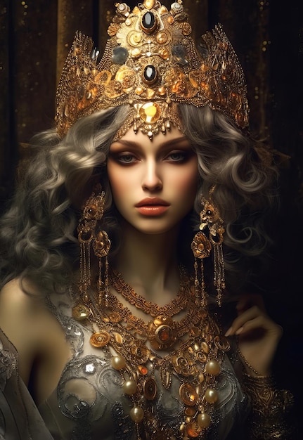 Een meisje in een gouden kroon met een blauw oog en een gouden kroon