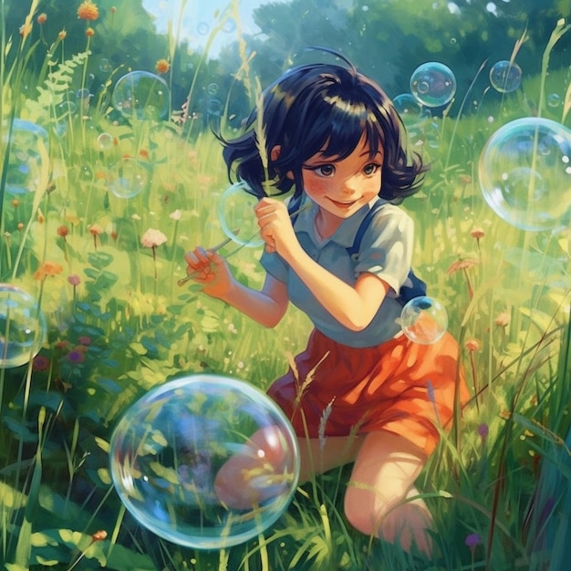 Een meisje in een grasveld met bubbels in haar handen.