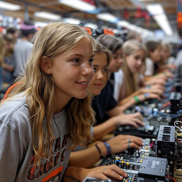 Foto een meisje in een grijs shirt met de tekst 