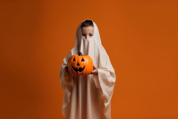 Een meisje in een Halloween kostuum houdt een pompoen vast waarop Halloween staat.