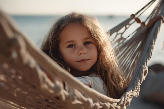 Een meisje in een hangmat op het strand