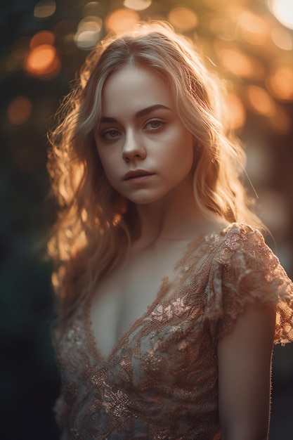 Een meisje in een jurk met een gouden zonsonderganglicht