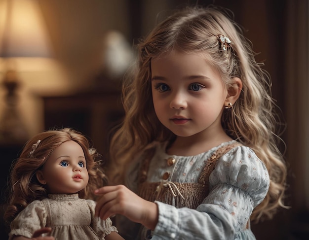 Een meisje in een jurk met witte polka's in haar blonde haar speelt met een pop in een gezellige kamer.