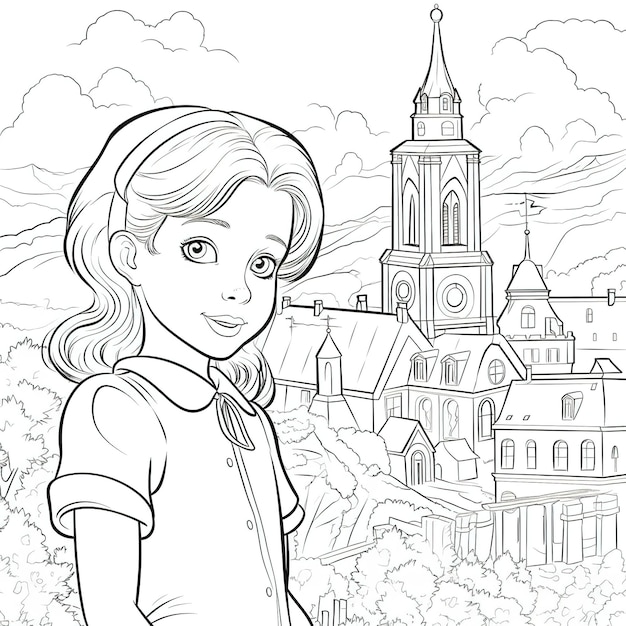 Een meisje in een jurk staat voor een kerk en kijkt naar de camera.